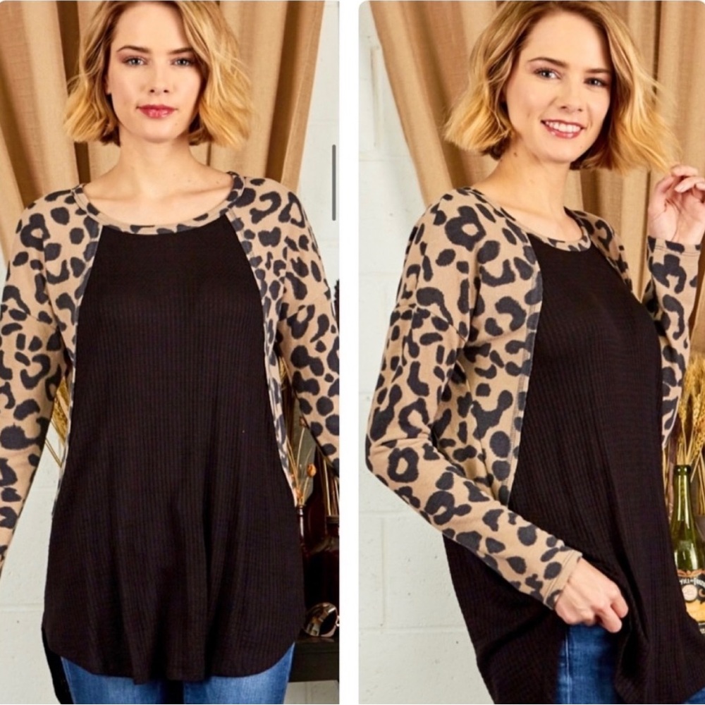 New! Flattering Black Leopard Contrast Long Sleeves Soft Comfy Top